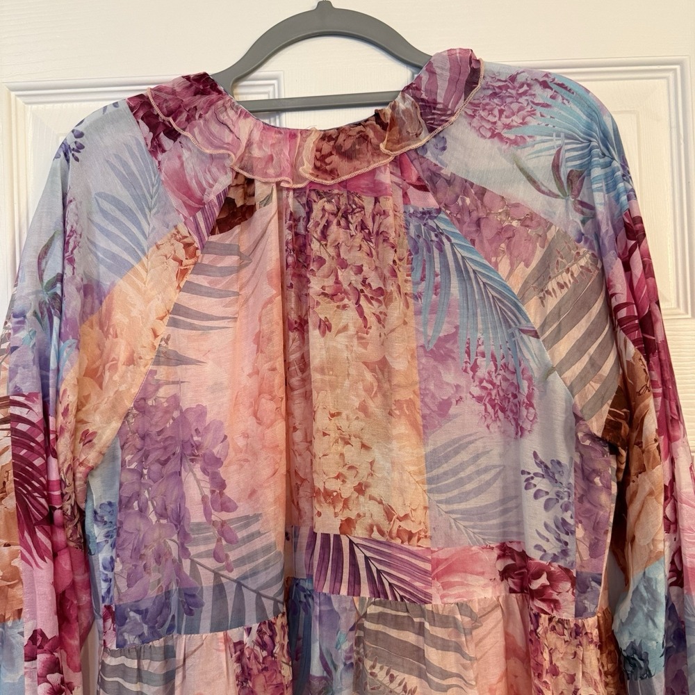 Johnny Was Silk Blend Dress MED Mini Pink Floral Semi-sheer Ruffle Patchwork EUC - Picture 9 of 16